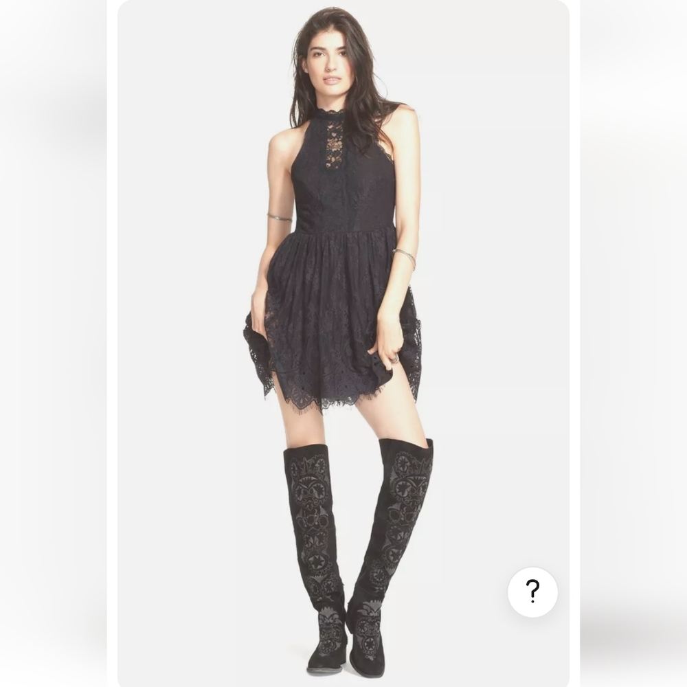Free People Verushka Lace Mini Halter Dress Size 12 Black